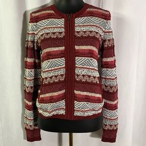 NWT LOFT Red Printed Stripe Knit Zip Front Cardigan